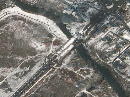 A satellite image of the bridge destroyed in the Ukrainian city of Irpin