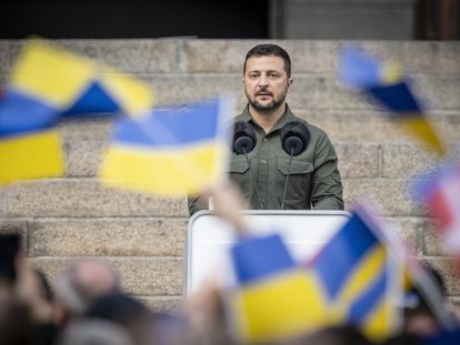Ukrainian President Volodymyr Zelenskiy speaks in front of the Danish Parliament in Copenhagen, Denmark, on August 21, 2023.