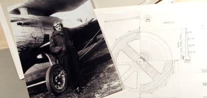 A photo of Captain Leret alongside some of his designs for the first Spanish jet engine.