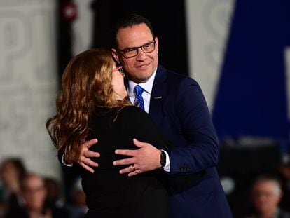 Josh Shapiro embraces wife Lori Shapiro onstage after winning the governor's race, at the Greater Philadelphia Expo Center on November 8, 2022 in Oaks, Pennsylvania.