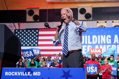 US President Joe Biden speaks during a rally organized by the Democratic Party in Rockville, Maryland, on Thursday.