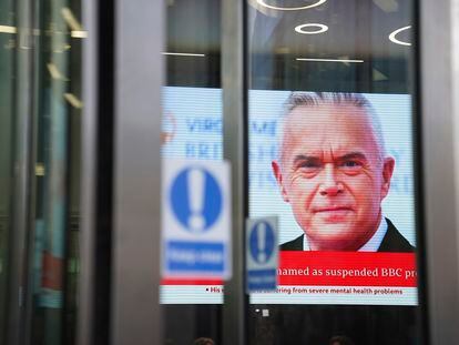 A screen in BBC Broadcasting house, in central London, displaying a photo of presenter Huw Edwards, in London, Wednesday, July 12, 2023.