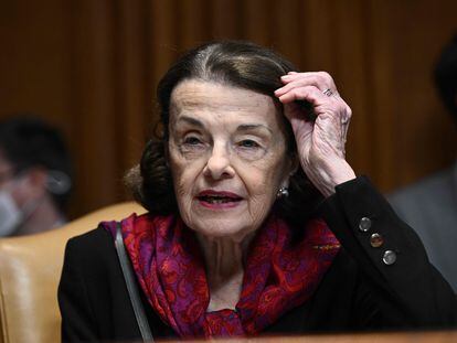 In this file photo taken on May 11, 2022 US Senator Dianne Feinstein (D-CA) listens as US Secretary of Commerce Gina Raimondo testifies before the Senate Appropriations subcommittee on Commerce, Justice, Science, and Related Agencies.