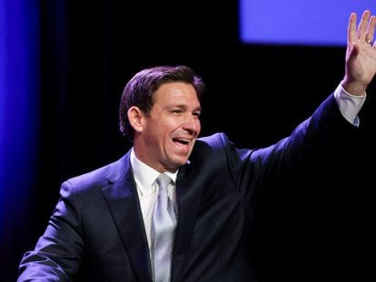 Florida Governor and Republican presidential candidate Ron DeSantis attends the Republican Party of Iowa's Lincoln Day Dinner in Des Moines, Iowa, on July 28, 2023.