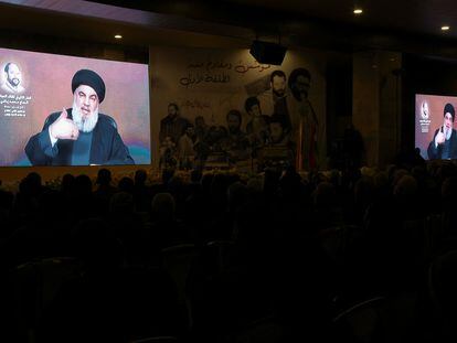 Lebanon's Hezbollah leader Sayyed Hassan Nasrallah gives a televised address on January 5, 2024.