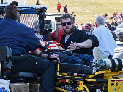 Fans receive medical assistance after shots were fired after the celebration of the Kansas City Chiefs winning Super Bowl LVIII. Kansas City, MO. Feb 14, 2024.