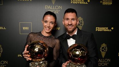 Lionel Messi and Aitana Bonmatí at the 2023 Ballon d'Or France Football award ceremony in Paris on October 30, 2023.