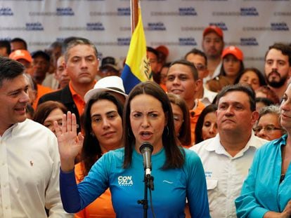 Opposition candidate María Corina Machado at a press conference in Caracas; October 13, 2023.
