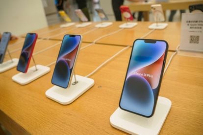 A general view of iPhone 14 models in an Apple store at a mall in Beijing, China, 07 September 2023.
