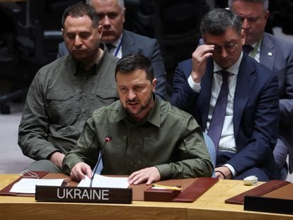 Ukraine's President Volodymyr Zelenskiy addresses the United Nations Security Council at the UN headquarters in New York, on September 20, 2023.