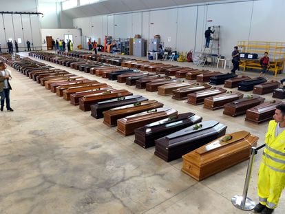 Coffins of victims of the Lampedusa tragedy in 2013, when 368 migrants trying to reach Italy died.