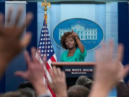 White House press secretary Karine Jean-Pierre speaks during the daily briefing at the White House in Washington, Jan. 18, 2023.