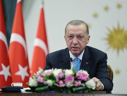 Turkey's President Recep Tayyip Erdogan inaugurates Turkey's first nuclear power plant via a video link, at the Presidential palace in Ankara, Thursday, April 27, 2023