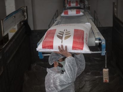 An employee loads bag of flour into a truck at Lermioglu flour mill on March 22, 2022 in Luleburgaz, Turkey.
