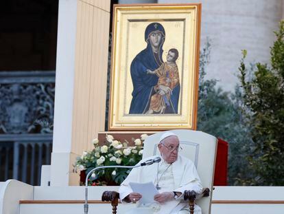 Pope Francis, sitting in front of a replica of the icon 'Maria Salus populi romani'', addresses the participants into "Together", a vigil prayer for the Synod of Bishops with church leaders in St. Peter's Square at The Vatican, Saturday, Sept. 30, 2023, three days ahead of the official opening of the XVI Assembly of the Synod of Bishops on 4 October.