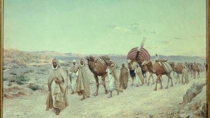 An oil on canvas painting by Paul Lazerges from 1892, titled 'A Caravan near Biskra' (Algeria).