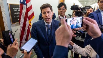 Sam Altman, the CEO of OpenAI, the company that developed ChatGPT, speaks with journalists after testifying before the U.S. Senate, on May 16, 2023.