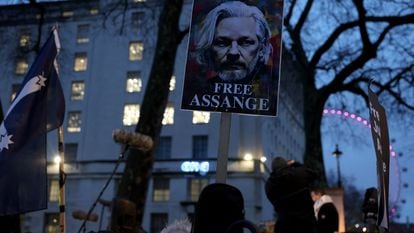Supporters of WikiLeaks founder Julian Assange demonstrate in London on February 21, 2010.