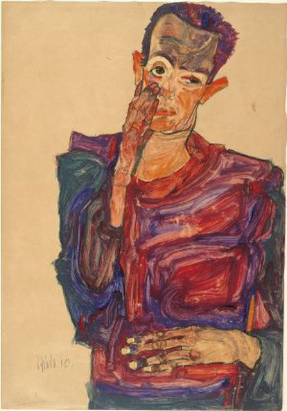 Egon Schiele&#039;s 1910 &#039;Self-Portrait,&#039; currently on show in the Guggenheim.