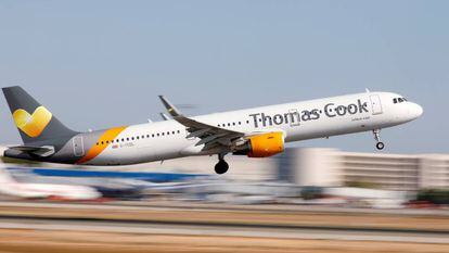 A Thomas Cook plane leaves Palma de Mallorca.