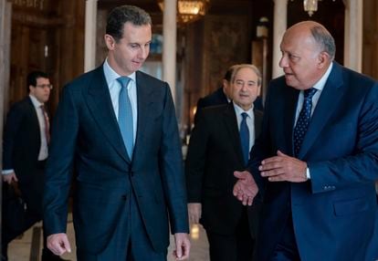 Bashar al-Assad and Egyptian Foreign Minister Sameh Shoukry met in Damascus in February 2023.
