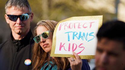 Demonstrators during a rally after Georgia's House and Senate voted to prohibit most medical treatments to minors that help affirm gender identity, in Atlanta, Georgia, March 20, 2023.