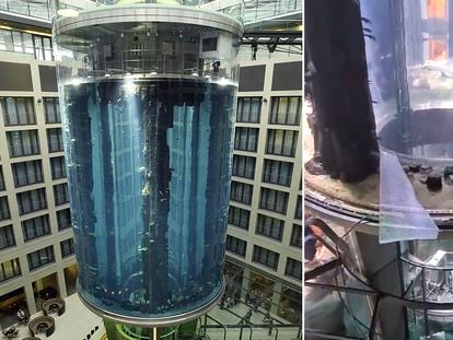 The AquaDom, the world's biggest cylindrical tank, inside the Radisson Collection Hotel in Berlin, before and after it burst.