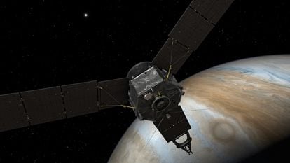 Recreation of the Juno probe flying over Jupiter.