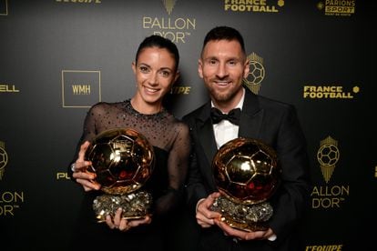 Lionel Messi and Aitana Bonmatí at the 2023 Ballon d'Or France Football award ceremony in Paris on October 30, 2023.