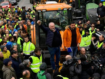 Farmers with their tractors attend a protest in Pamplona, northern Spain, Friday, Feb. 9, 2024.