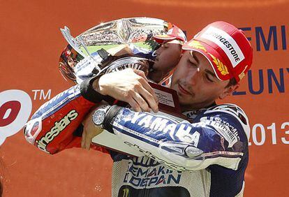 Jorge Lorenzo celebrates on the podium after winning the Catalonia Grand Prix. 