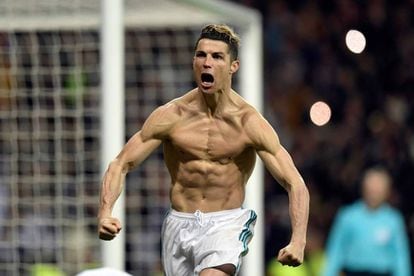 Cristiano Ronaldo celebrates after scoring a penalty during the UEFA Champions League in April.