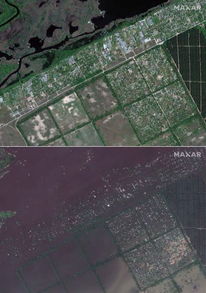 En la foto de arriba, imagen de la ciudad ucrania de Krinki, fotografiada el 15 de mayo. Abajo, la misma zona inundada 
 este miércoles. 