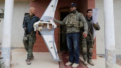 Spanish special forces personnel with an explosives-packed ISIS drone.