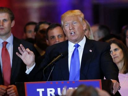 El candidato Donald Trump habla tras ganar las primarias en cinco Estados de EE UU.