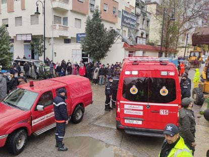 The emergency services on the scene in Morocco in February 2021, after 26 people died from electrocution at an illegal textiles factory.