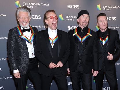 One of the quartet's last public appearances, on December 4, 2022, at the 45th Kennedy Center Honors Ceremony in Washington, where the band was honored. From left to right: Adam Clayton, Bono, The Edge and Larry Mullen Jr.