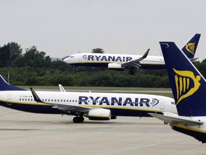 Ryanair planes at London Stansted Airport.