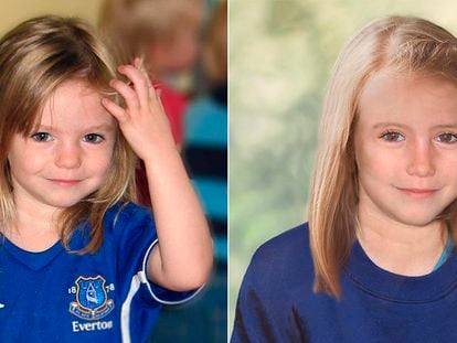 Madeleine McCann, at the time of her disappearance at the age of three, and recreation of the girl at the age of nine, made by the British police through a computer progression.