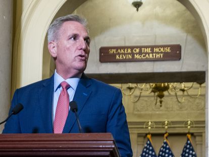 Speaker of the House Kevin McCarthy announces the launching of a formal impeachment inquiry into President Joe Biden during a brief statement in the US Capitol in Washington, DC, USA, 12 September 2023.