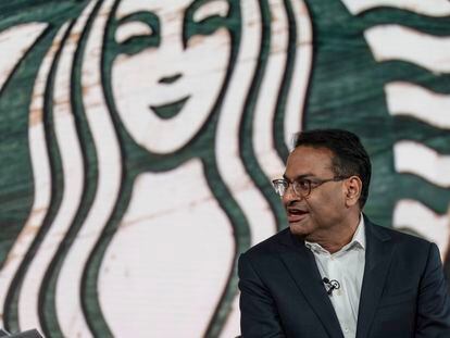 Incoming CEO Laxman Narasimhan speaks during Starbucks Investor Day 2022, Sept. 13, 2022, in Seattle. Starbucks officially has a new CEO.