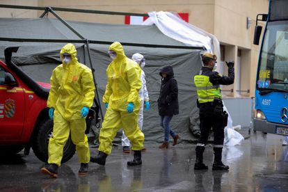 Workers setting up a field hospital near Gregorio Marañón Hospital in Madrid on Tuesday.
