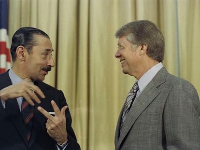 President Jimmy Carter with Jorge R. Videla, President of Argentina, at a meeting at the White House in Washington on Sept. 9, 1977.