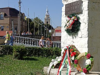 Tributes are left in honor of Hungarian poet Sándor Petöfi in Berehove, Ukraine.