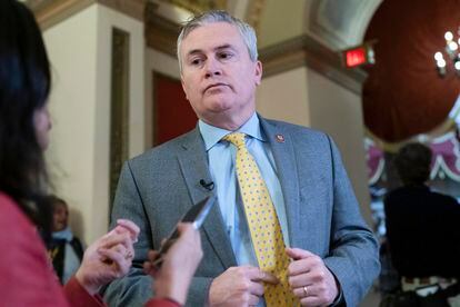 Rep. James Comer, R-Ky., talks to reporters as he walks to the House chamber, on Capitol Hill in Washington, Thursday, Jan. 12, 2023.