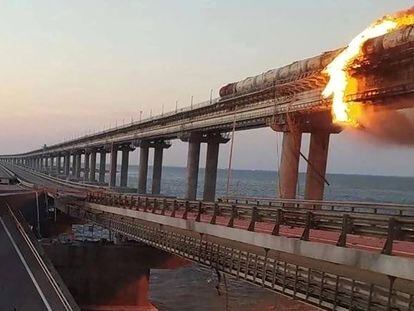 The bridge over the Kurt Strait was hit by an explosion on Saturday.