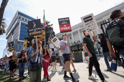 The picket line of writers and actors outside Netflix offices in Los Angeles.