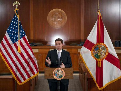 Governor Ron DeSantis answers questions from the media following his State of the State address on March 7, 2023, at the Capitol in Tallahassee, Florida.