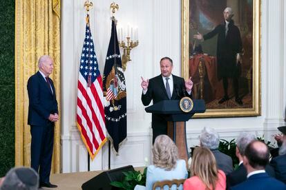 Doug Emhoff, husband of Vice President Kamala Harris, introduces President Joe Biden