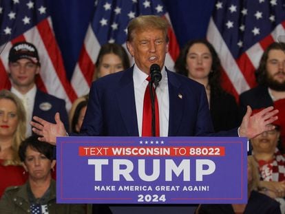 Republican presidential candidate and former U.S. president Donald Trump speaks during a campaign rally in Green Bay, Wisconsin, U.S., April 2, 2024.